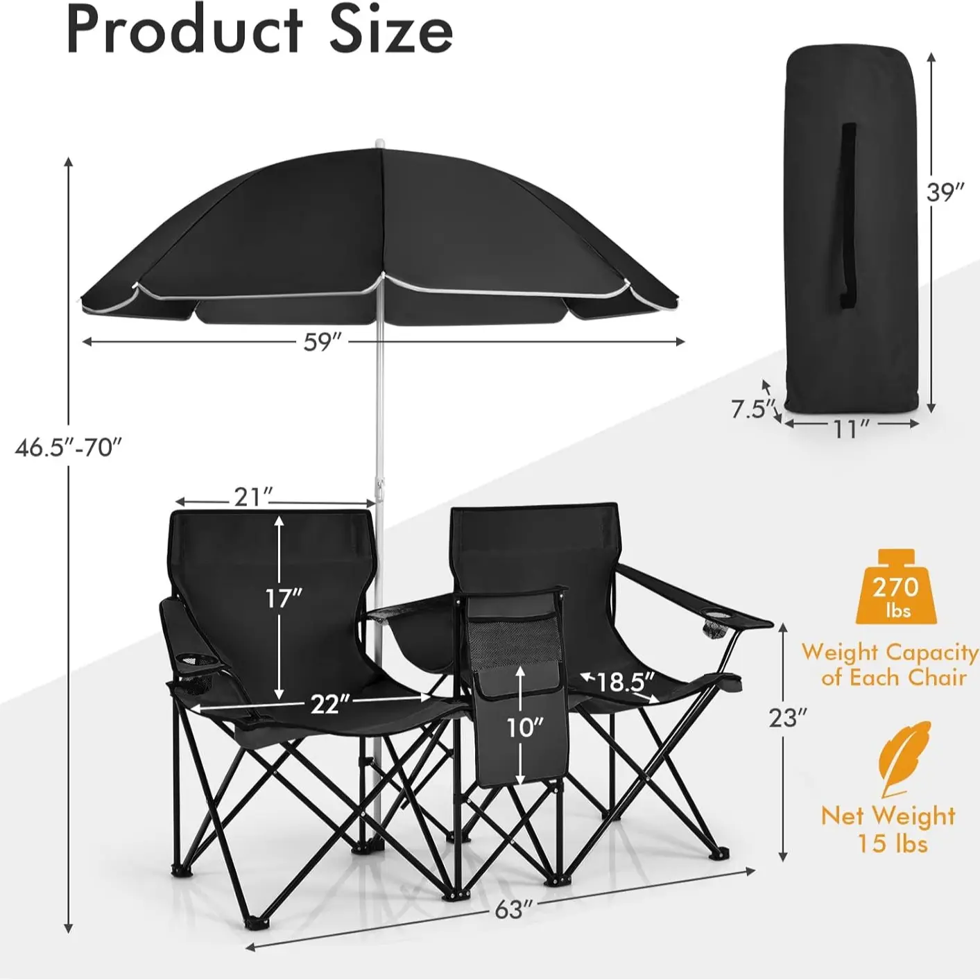 Double Folding Camping Chairs w/ Umbrella & Cooler Bag
