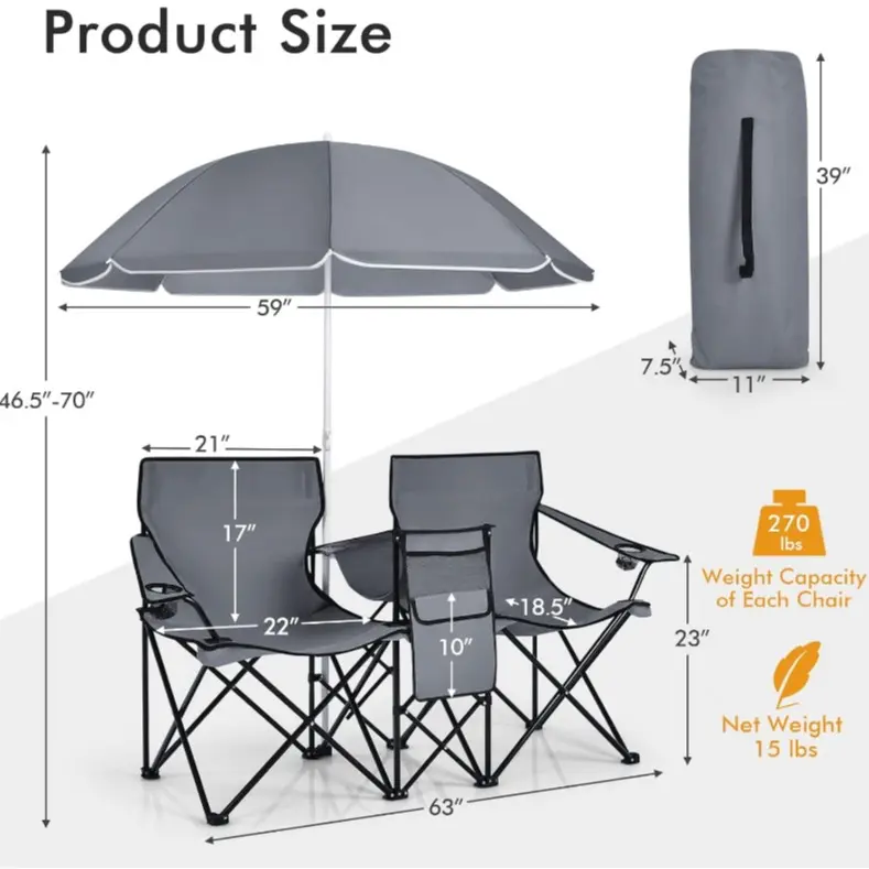 Double Folding Camping Chairs w/ Umbrella & Cooler Bag