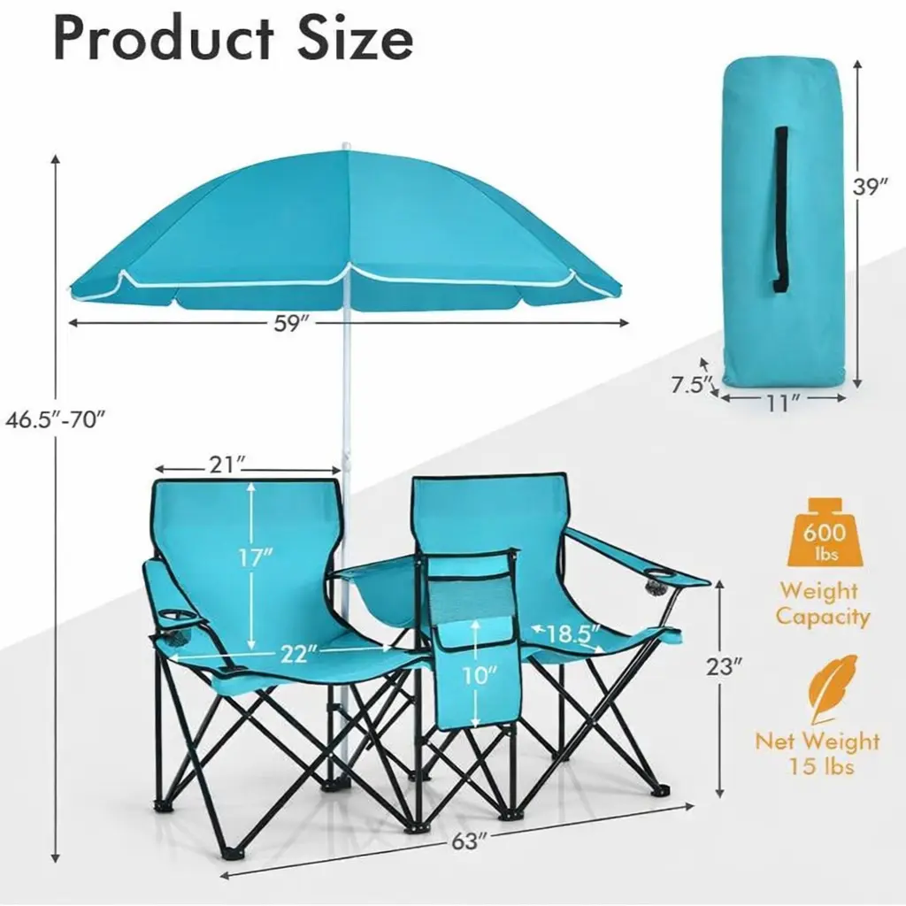 Double Folding Camping Chairs w/ Umbrella & Cooler Bag